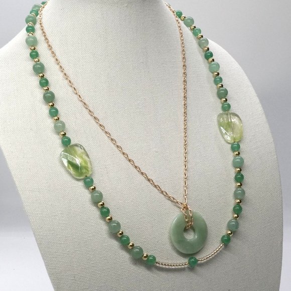 Set Necklace Bracelet Jade Disc Lobster Clasp Gold Green Dual Strand Unique - Picture 3 of 5